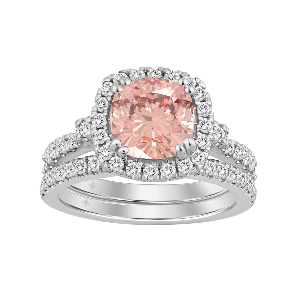 ETERNAL BLUSH COLLECTION 14K WHITE GOLD 3 3/4CT ROUND/ PINK CUSHION DIAMOND LADIES BRIDAL SET (CENTER STONE PINK CUSHION DIAMOND 3CT) - Image 1