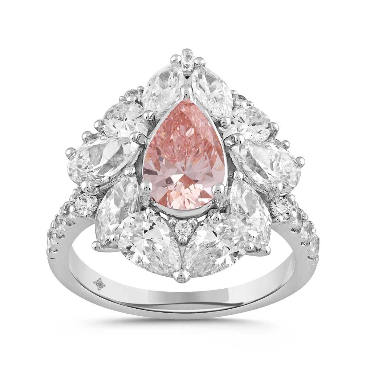 ETERNAL BLUSH COLLECTION LADIES RING 4 1/2CT ROUND/PEAR/MARQUISE DIAMOND 14K WHITE GOLD (CENTER STONE PINK PEAR DIAMOND 2CT) - Image 1