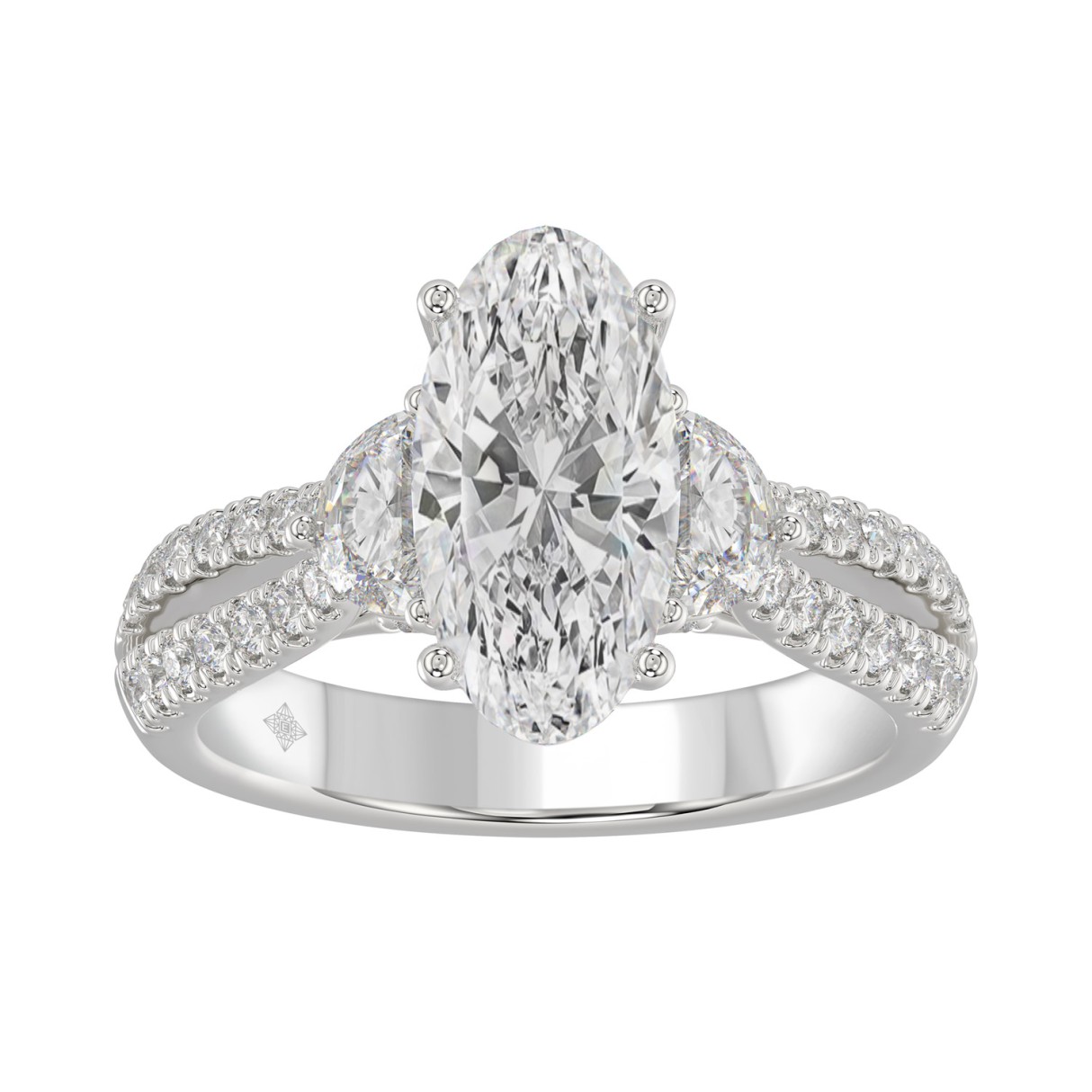 Ladies 14K White Gold ladies Ring Featuring Round Half-Moon & Baguette Diamonds 3.00CT Oval Center stone (Color F-G -Clarity VS1/VS2) - Image 1