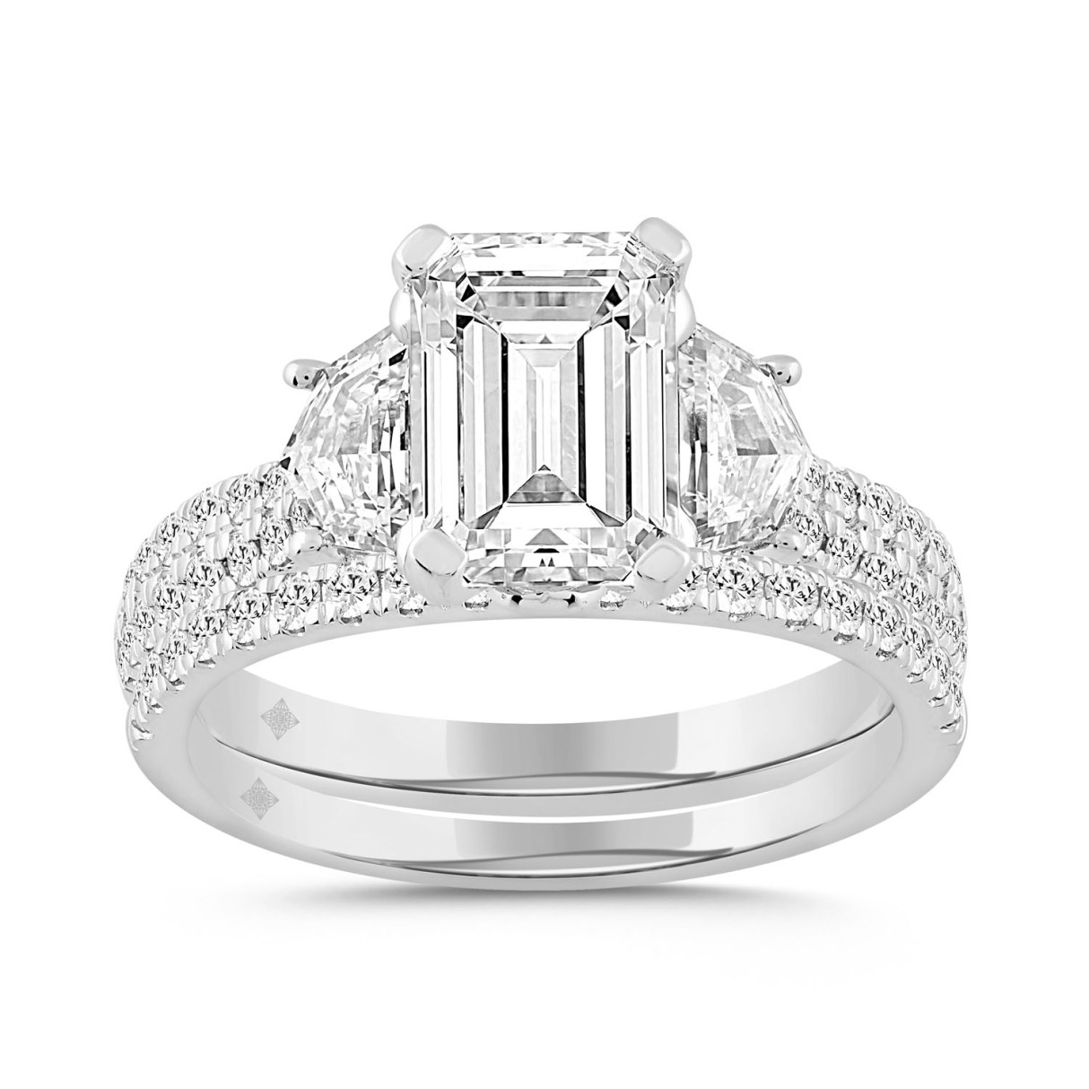 LADIES BRIDAL SET 3 1/4CT ROUND/EMERALD/CADILLAC DIAMOND 14K WHITE GOLD (CENTER STONE EMERALD DIAMOND 2CT ) - Image 1