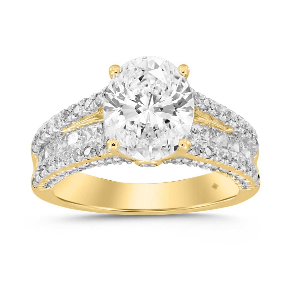 LADIES RING 3 1/2CT ROUND/PRINCESS/OVAL DIAMOND 14K YELLOW GOLD (CENTER STONE OVAL DIAMOND 2CT ) - Image 1