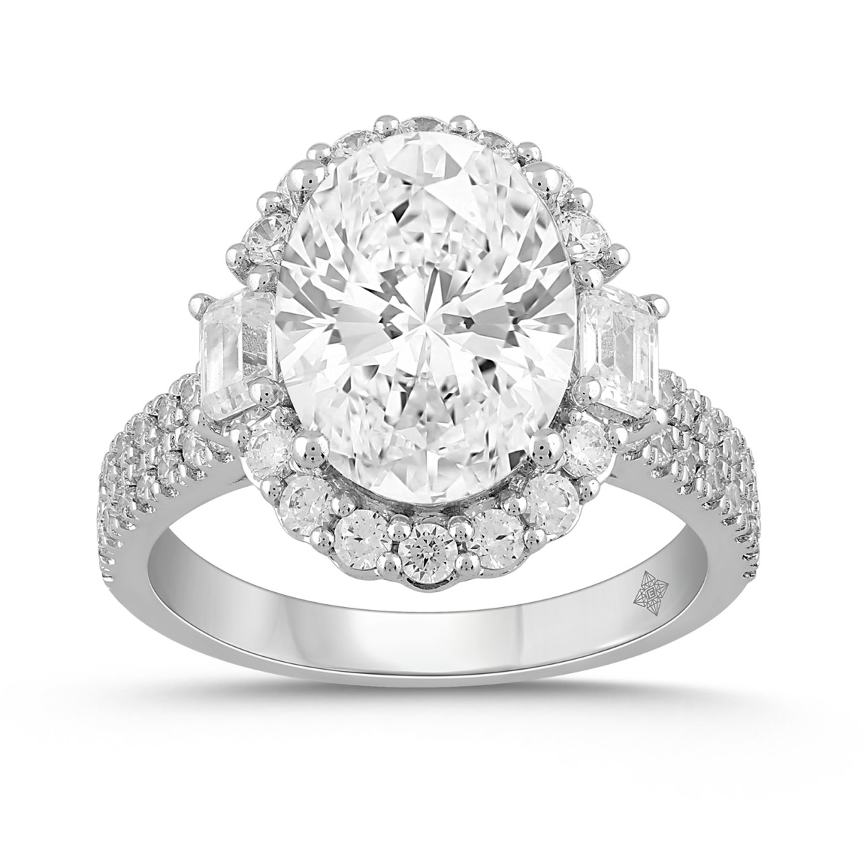 LADIES RING 4CT ROUND/OVAL/EMERALD DIAMOND 14K WHITE GOLD (CENTER STONE OVAL DIAMOND 3CT ) - Image 1