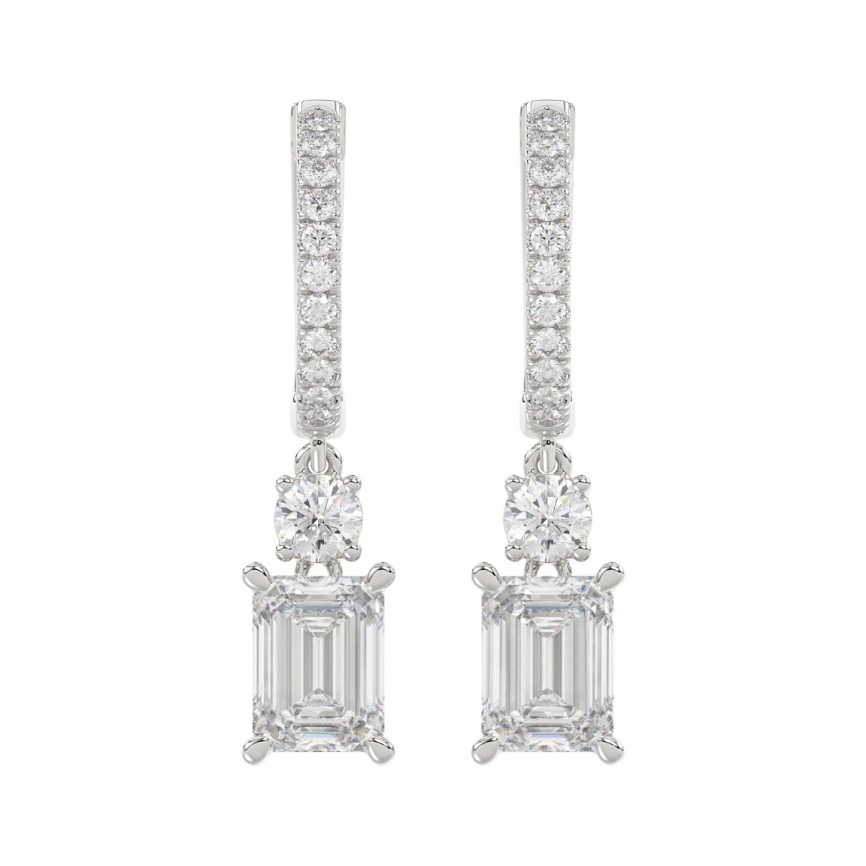 LADIES EARRINGS 2 1/2CT ROUND/EMERALD DIAMOND 14K WHITE GOLD - Image 1