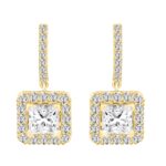 LADIES EARRINGS 3CT PRINCESS/ROUND DIAMOND 14K YELLOW GOLD (CENTER STONE PRINCESS DIAMOND 2CT )