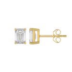 LADIES SOLITAIRE EARRINGS 1 1/2CT EMERALD DIAMOND 14K YELLOW GOLD - Image 2