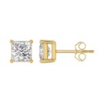 LADIES SOLITAIRE EARRINGS 3CT PRINCESS DIAMOND 14K YELLOW GOLD - Image 2