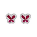 14K WHITE GOLD 1 1/2CT ROUND/RUBY DIAMOND LADIES EARRINGS (PEAR RUBY DIAMOND 8 STONE)