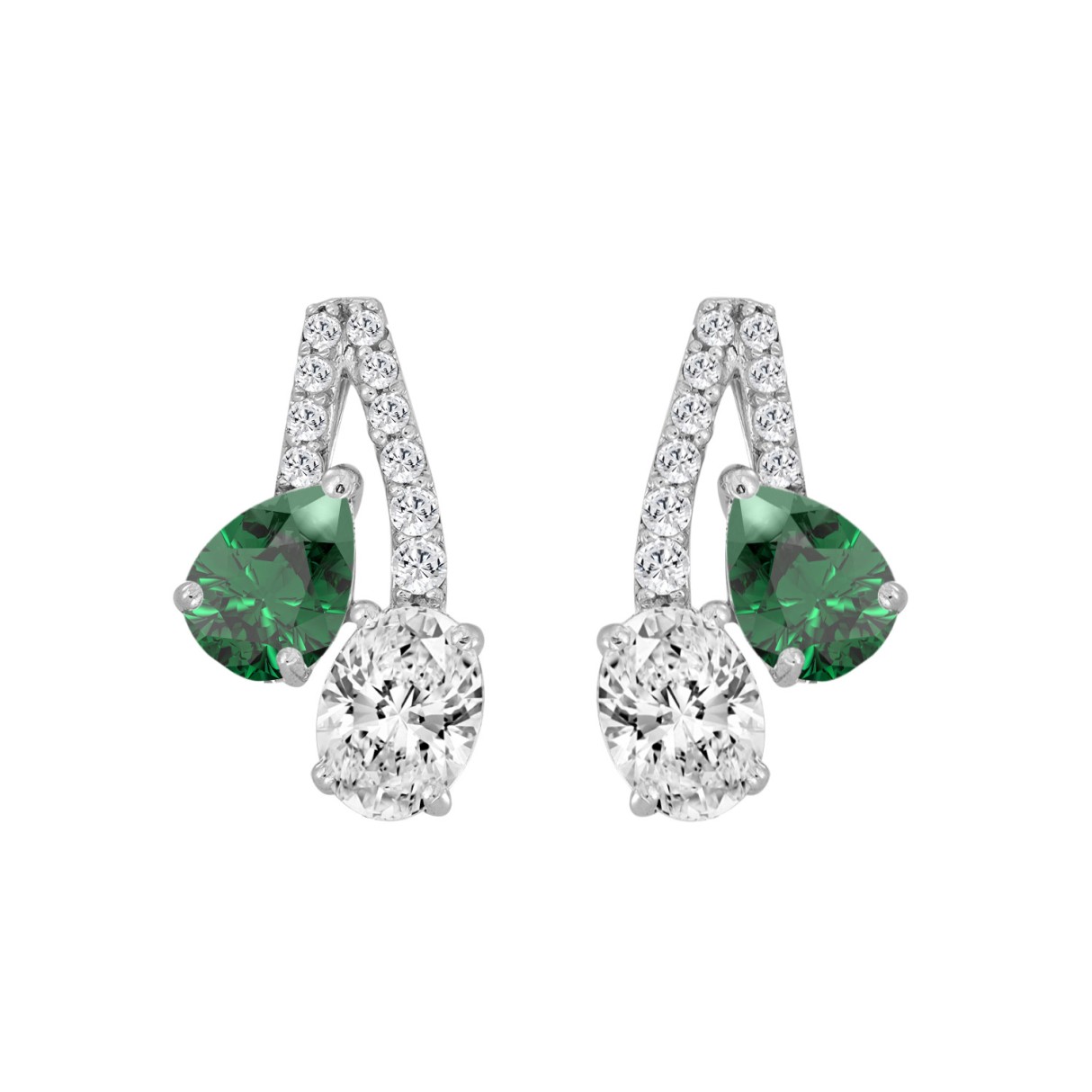 14K WHITE GOLD 2 1/2CT ROUND/OVAL/GREEN EMERALD PEAR DIAMOND LADIES EARRING (GREEN EMERALD PEAR DIAMOND 1.00CT) - Image 1