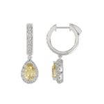 14K WHITE GOLD 2 3/4CT ROUND/YELLOW PEAR DIAMOND LADIES HOOP EARRINGS - Image 3
