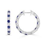 14K WHITE GOLD 3 3/8CT ROUND/ROUND BLUE SAPPHIRE DIAMOND LADIES HOOP EARRINGS - Image 2