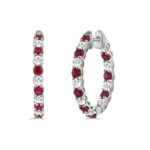 14K WHITE GOLD 3 3/8CT ROUND/RUBY ROUND DIAMOND LADIES HOOPS EARRING