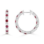 14K WHITE GOLD 3 3/8CT ROUND/RUBY ROUND DIAMOND LADIES HOOPS EARRING - Image 2