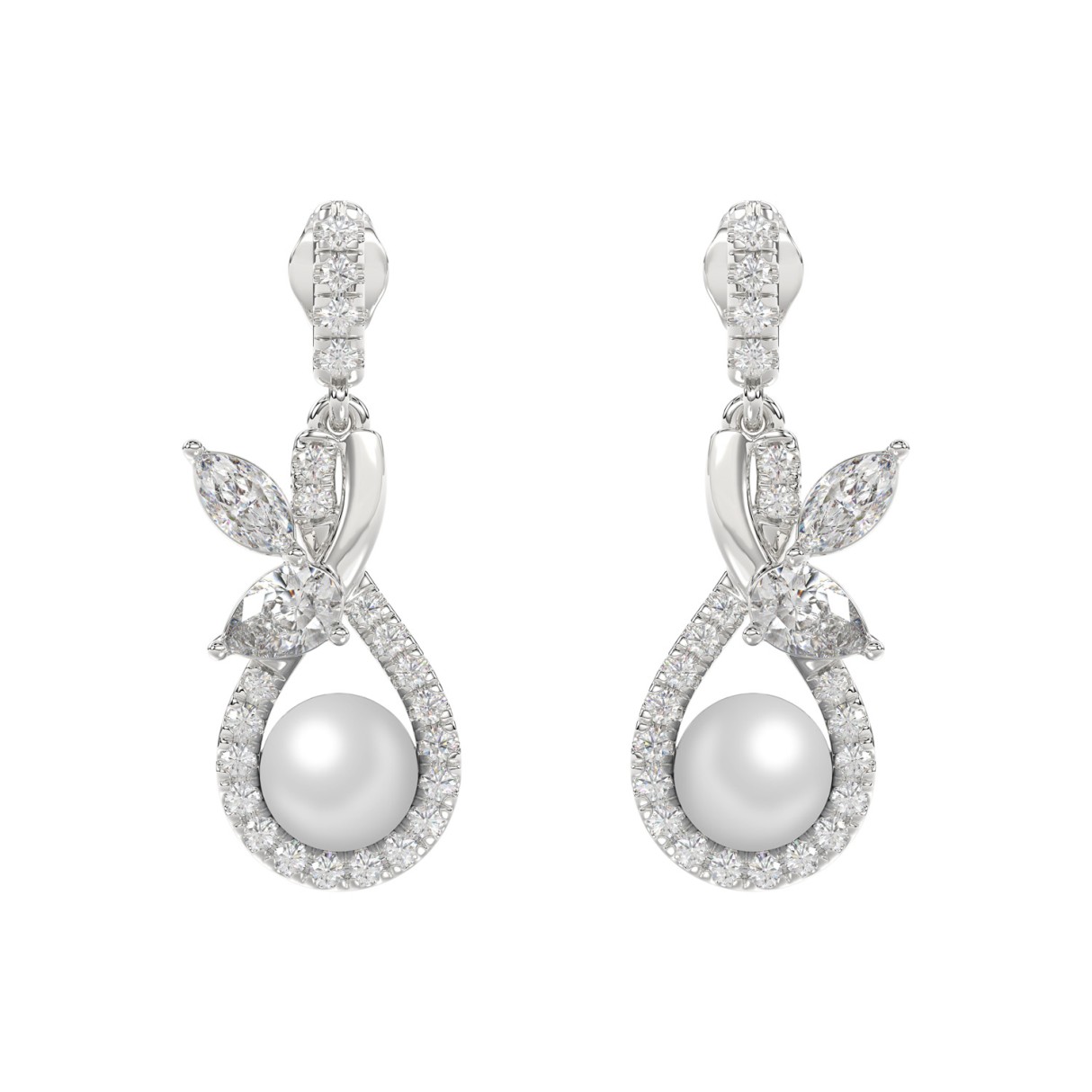 14K WHITE GOLD 3/4CT ROUND/MARQUISE/PEARL DIAMOND LADIES EARRINGS - Image 1