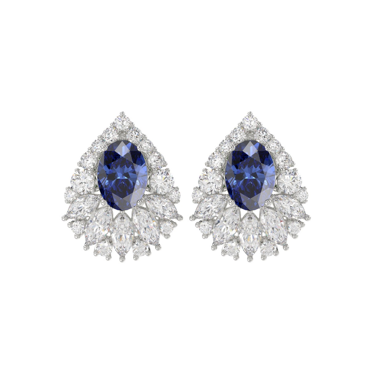 14K WHITE GOLD 4 3/4CT ROUND/MARQUISE/BLUE SAPPHIRE OVAL LADIES EARRING (BLUE SAPPHIRE OVAL DIAMOND 2 3/4CT) - Image 1