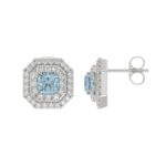 14K WHITE GOLD CRAFTED WITH 18K YELLOW GOLD BACK PLATE 1 1/2CT ROUND/BLUE CUSHION DIAMOND LADIES EARRINGS - Image 2
