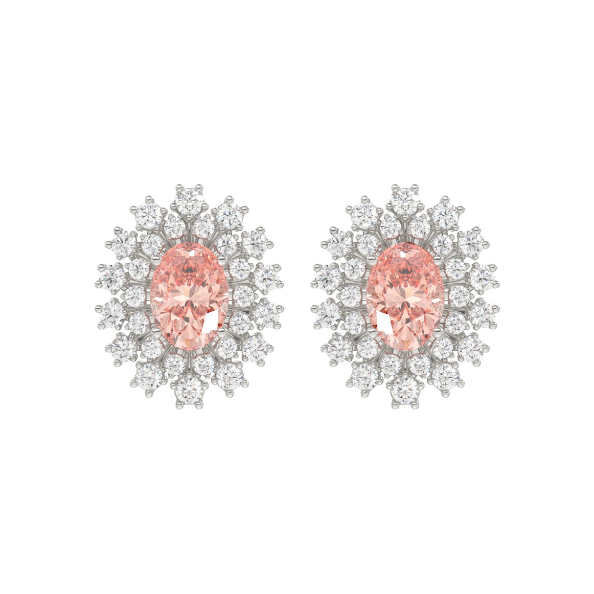 14K WHITE GOLD CRAFTED WITH 18K YELLOW GOLD BACK PLATE 1 1/2CT ROUND/PINK OVAL DIAMOND LADIES EARRINGS - Image 1
