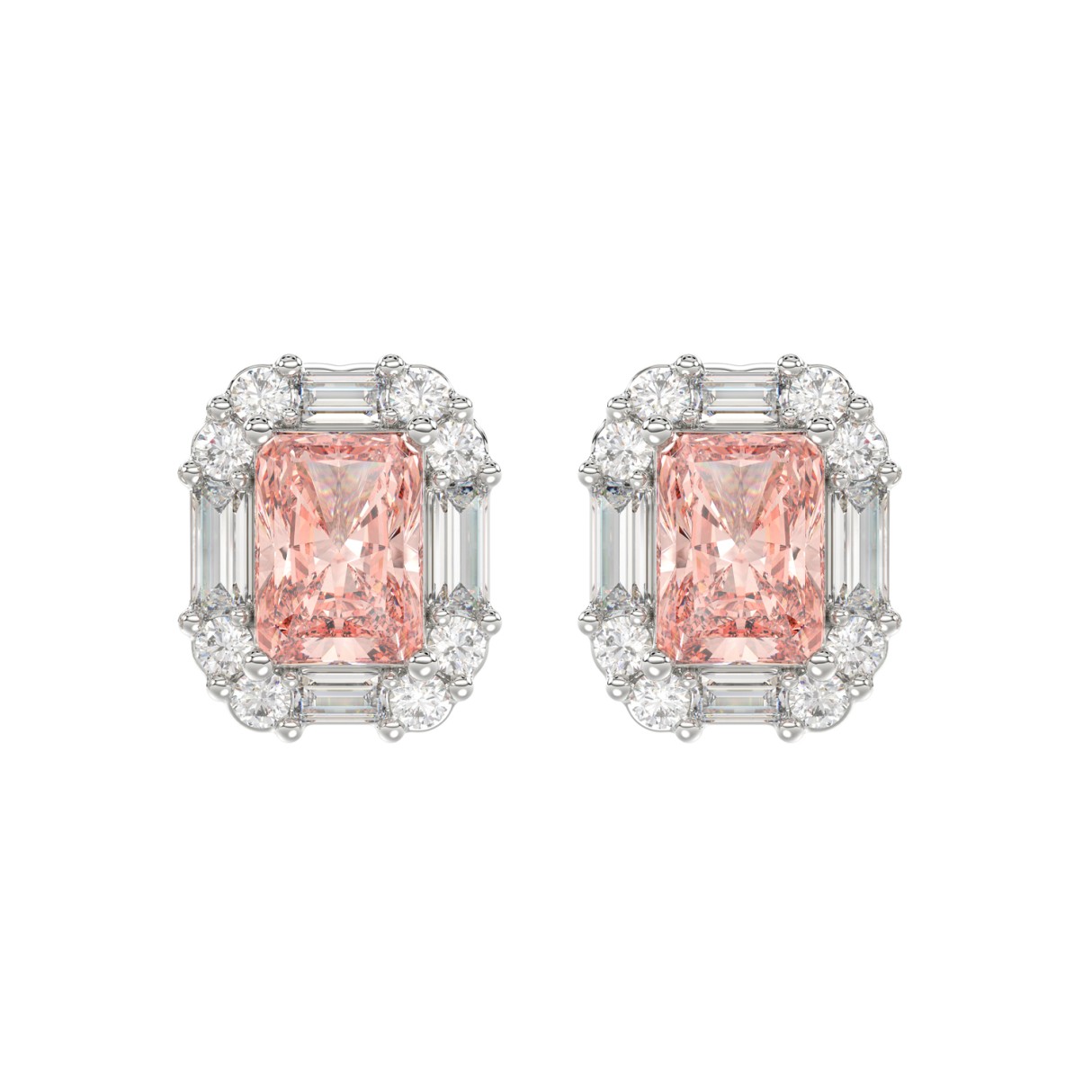 14K WHITE GOLD CRAFTED WITH 18K YELLOW GOLD BACK PLATE 1 1/3CT ROUND/PINK RADIANT/BAGUETTE DIAMOND LADIES EARRINGS - Image 1