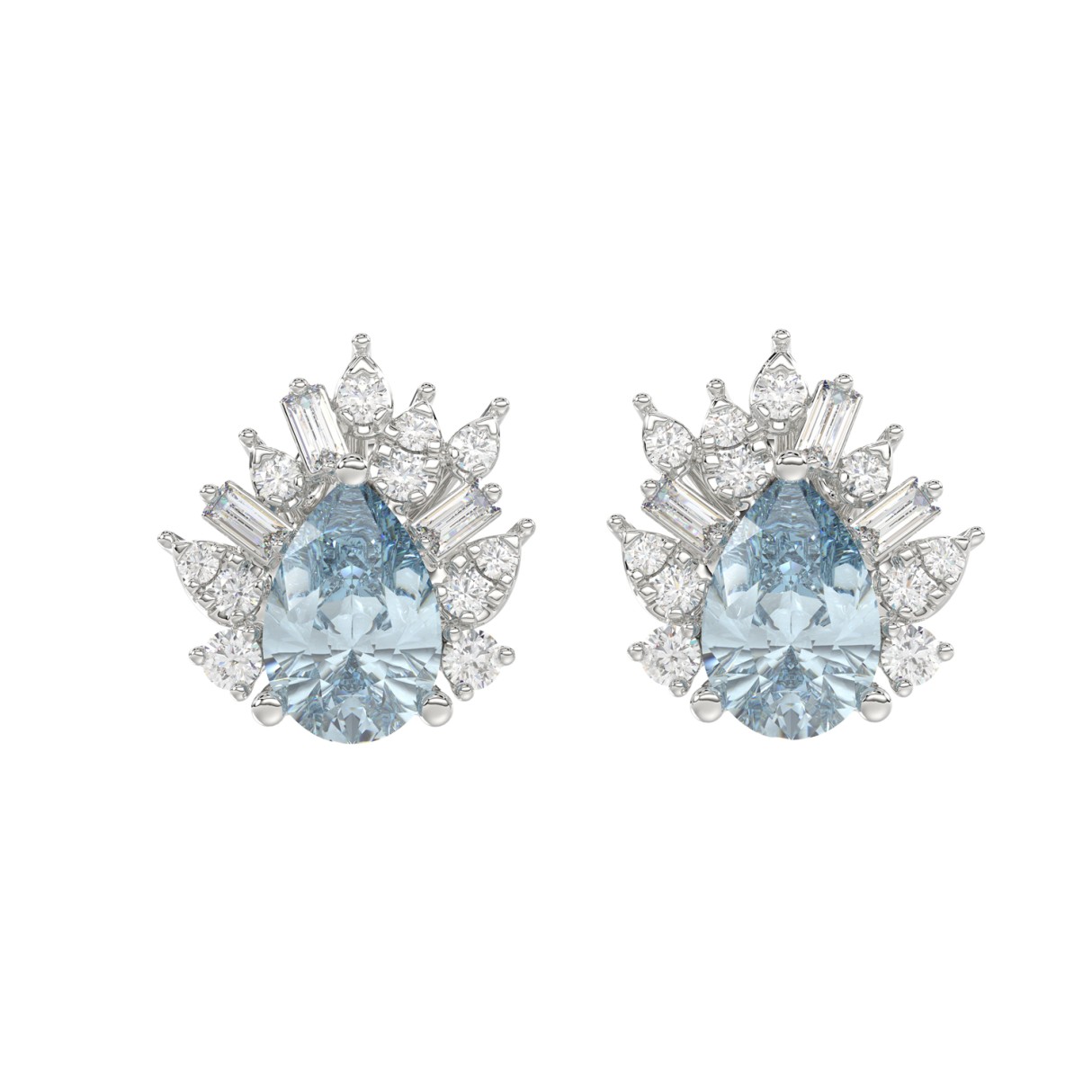 14K WHITE GOLD CRAFTED WITH 18K YELLOW GOLD BACK PLATE 1 1/4CT ROUND/BLUE PEAR/BAGUETTE DIAMOND LADIES EARRINGS - Image 1