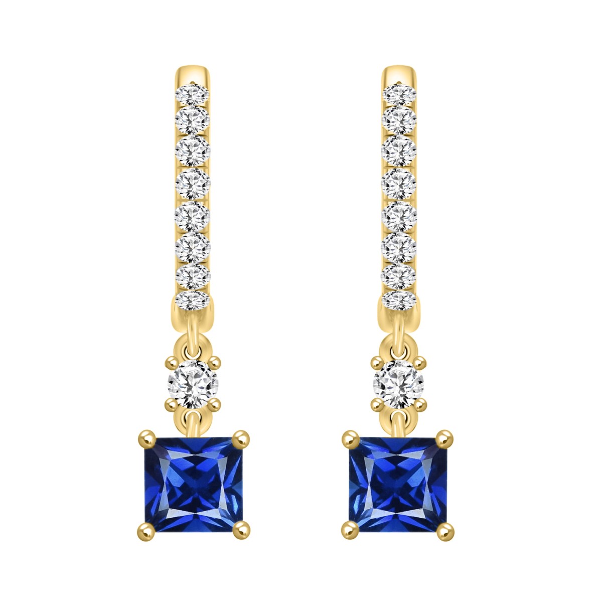 14K YELLOW GOLD 1 1/4CT ROUND DIAMOND LADIES EARRINGS (BLUE SAPPHIRE PRINCESS 2 STONE) - Image 1