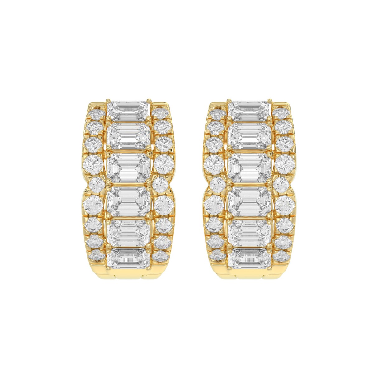 14K YELLOW GOLD 1 3/4CT ROUND/EMERALD DIAMOND HOOP EARRINGS - Image 1