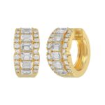 14K YELLOW GOLD 1 3/4CT ROUND/EMERALD DIAMOND HOOP EARRINGS - Image 3