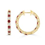 14K YELLOW GOLD 3 3/8CT ROUND/RUBY ROUND DIAMOND LADIES HOOPS EARRING - Image 2