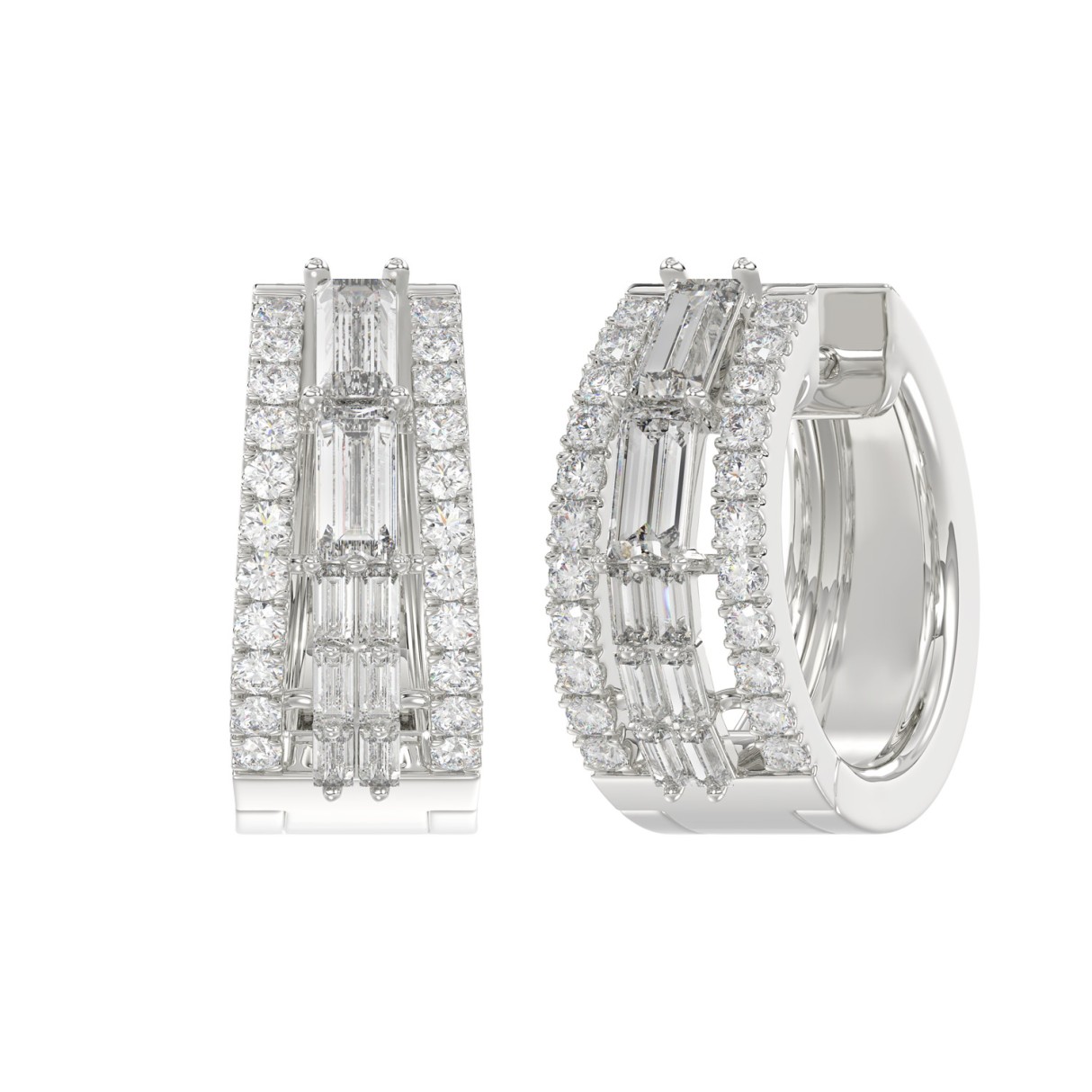 Classic 10K White Gold Round & Baguette Lab Grown Diamond ladies Hoop Earrings 3/4CT (Color F-G -Clarity VS1/VS2) - Image 1