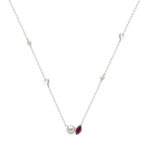 10K White Gold Ladies necklace 1/3CT featuring pearls, Round & heart-shaped charms, and Marquise  pearl-shaped ruby accent