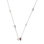 10K White Gold Ladies necklace 1/3CT featuring pearls, Round & heart-shaped charms, and Marquise  pearl-shaped ruby accent - Image 2