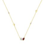 10K Yellow Gold Ladies necklace 1/3CT featuring pearls, Round & heart-shaped charms, and Marquise  pearl-shaped ruby accent
