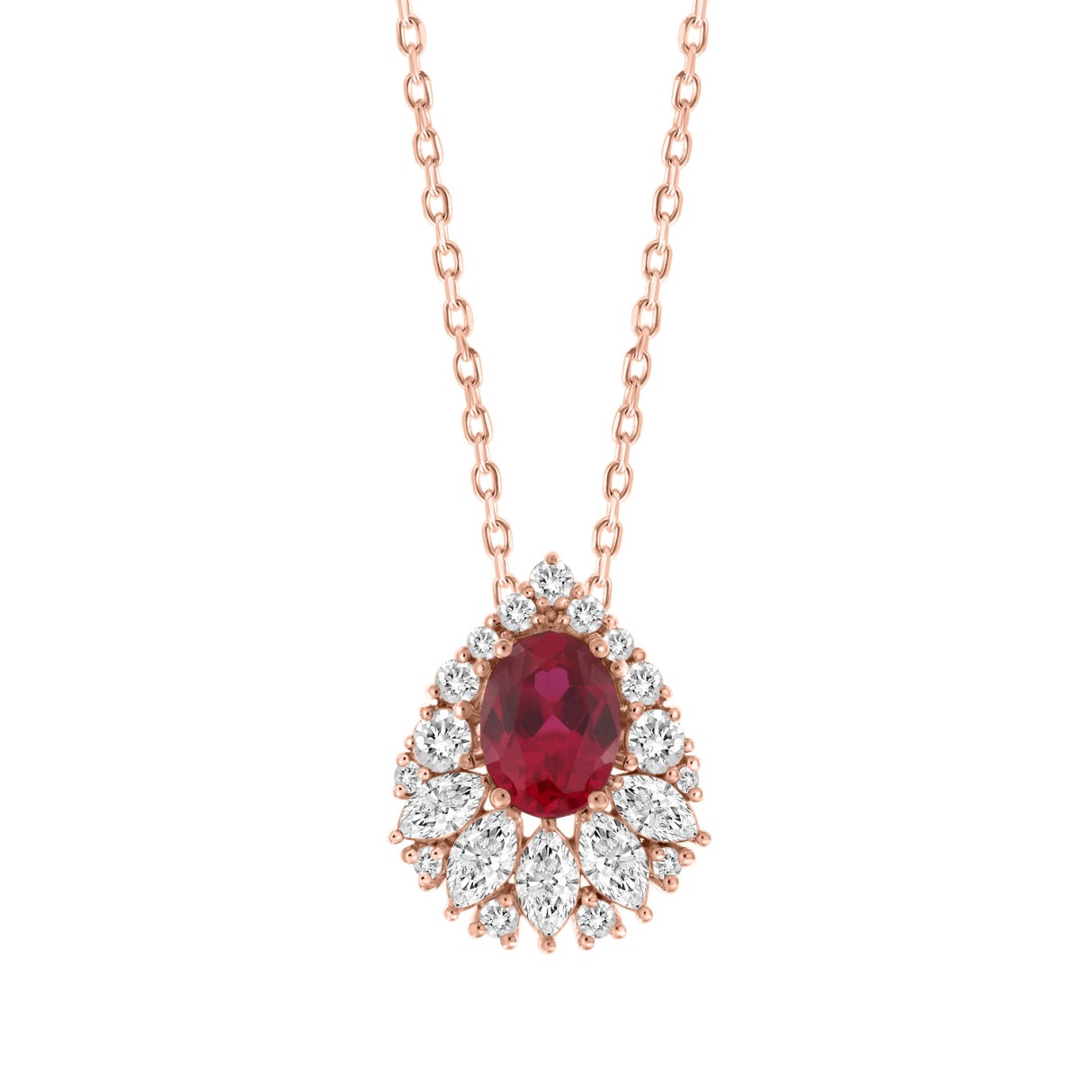 14K ROSE GOLD 2 1/4CT ROUND/MARQUISE/RUBY OVAL DIAMOND LADIES PENDANT WITH CHAIN (RUBY OVAL DIAMOND 1 1/4CT) - Image 1