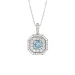 14K WHITE GOLD 1 1/2CT ROUND/BLUE CUSHION DIAMOND LADIES PENDANT WITH CHAIN