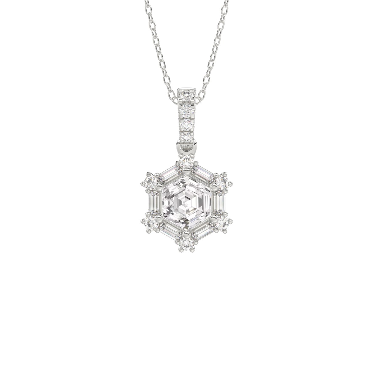 14K WHITE GOLD 1.00CT ROUND/BAGUETTE/HEZAGON STEP CUT DIAMOND LADIES PENDANT - Image 1