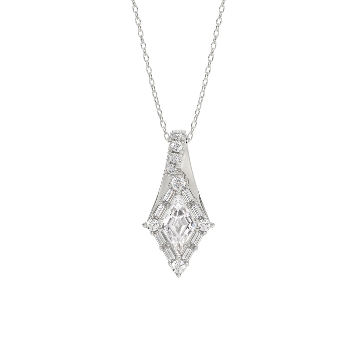 14K WHITE GOLD 1.00CT ROUND/BAGUETTE/KITE STEP CUT DIAMOND LADIES PENDANT - Image 1