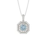 14K WHITE GOLD CRAFTED WITH 18K YELLOW GOLD BACK PLATE 1 1/2CT ROUND/BLUE CUSHION DIAMOND LADIES PENDANT WITH CHAIN