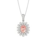 14K WHITE GOLD CRAFTED WITH 18K YELLOW GOLD BACK PLATE 1 1/2CT ROUND/PINK OVAL DIAMOND LADIES PENDANT WITH CHAIN