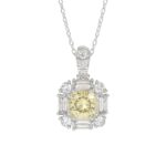 14K WHITE GOLD CRAFTED WITH 18K YELLOW GOLD BACK PLATE 1 1/3CT ROUND/BAGUETTE/YELLOW CUSHION DIAMOND LADIES PENDANT WITH CHAIN