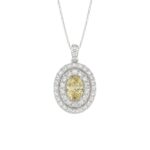 14K WHITE GOLD CRAFTED WITH 18K YELLOW GOLD BACK PLATE 2 1/3CT ROUND/YELLOW OVAL DIAMOND LADIES PENDANT WITH CHAIN
