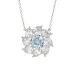 14K WHITE GOLD CRAFTED WITH 18K YELLOW GOLD BACK PLATE 2CT PEAR/BLUE CUSHION DIAMOND LADIES NECKLACE WITH CHAIN
