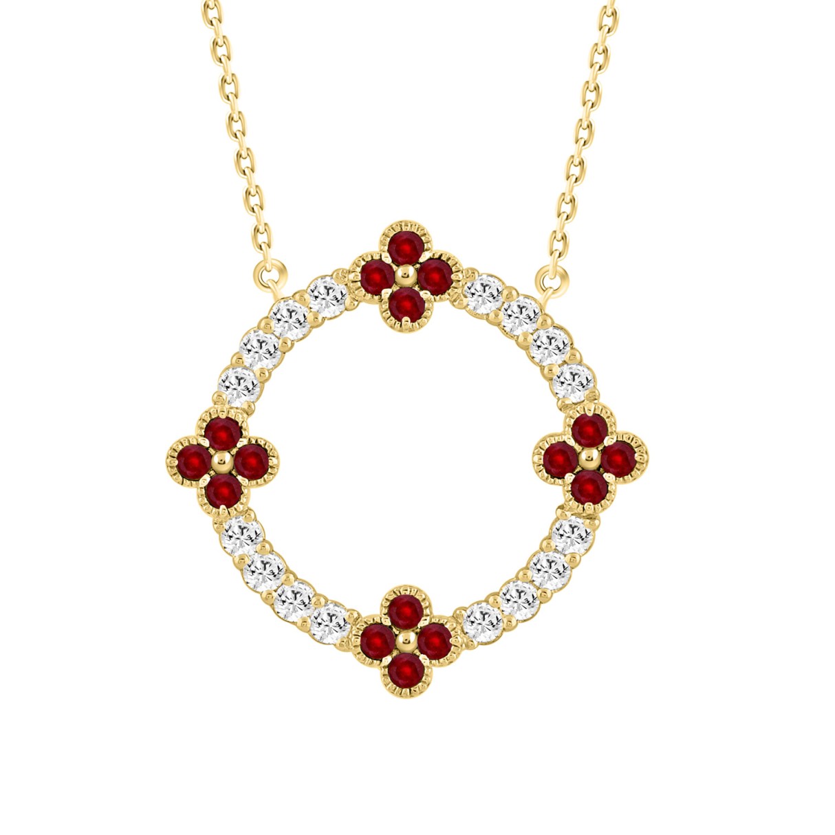 14K YELLOW GOLD 5/8CT ROUND/ROUND RUBY DIAMOND LADIES PENDANT WITH CHAIN - Image 1