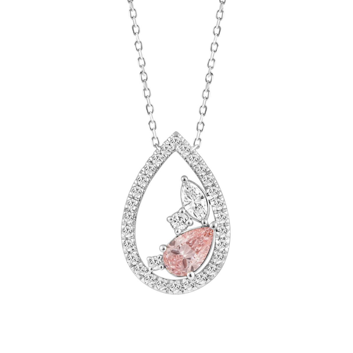ETERNAL BLUSH COLLECTION 14K WHITE GOLD 1.00CT ROUND & MARQUISE /PINK PEAR DIAMOND LADIES NECKLACE - Image 1