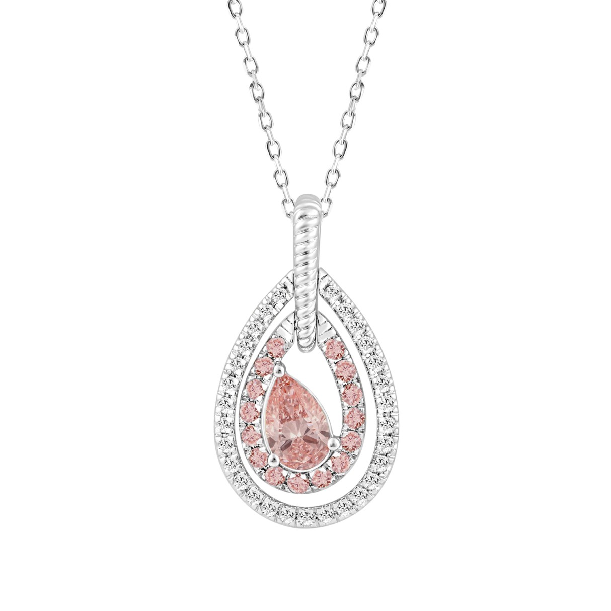 ETERNAL BLUSH COLLECTION 14K WHITE GOLD 1.00CT ROUND/ PINK PEAR & ROUND DIAMOND LADIES PENDANT WITH CHAIN - Image 1