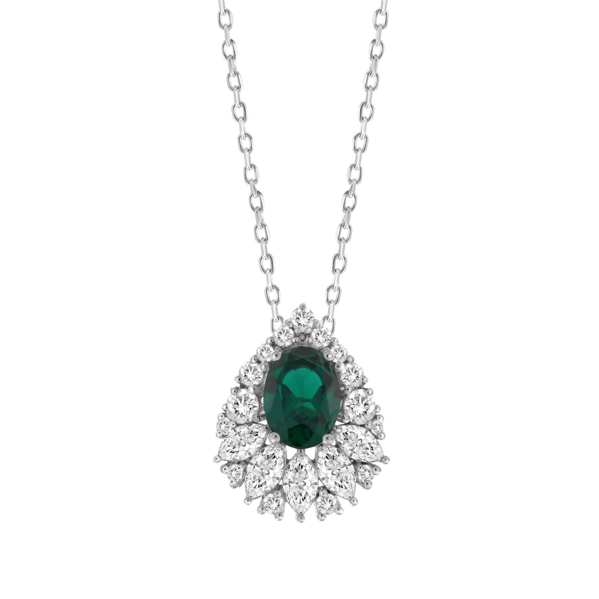 LADIES PENDANT 1CT ROUND/MARQUISE/OVAL DIAMOND 14K WHITE GOLD WITH CHAIN (CENTER STONE EMERALD OVAL DIAMOND (1 1/4CT) - Image 1