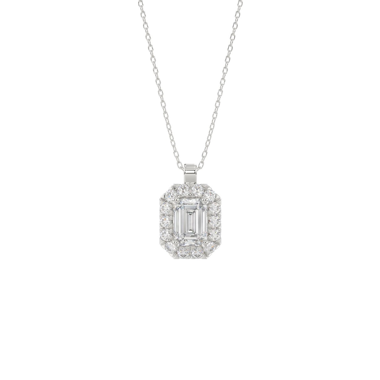 LADIES PENDANT WITH CHAIN 1 3/8CT ROUND/EMERALD DIAMOND 14K WHITE GOLD (CENTER STONE EMERALD DIAMOND 1CT ) - Image 1