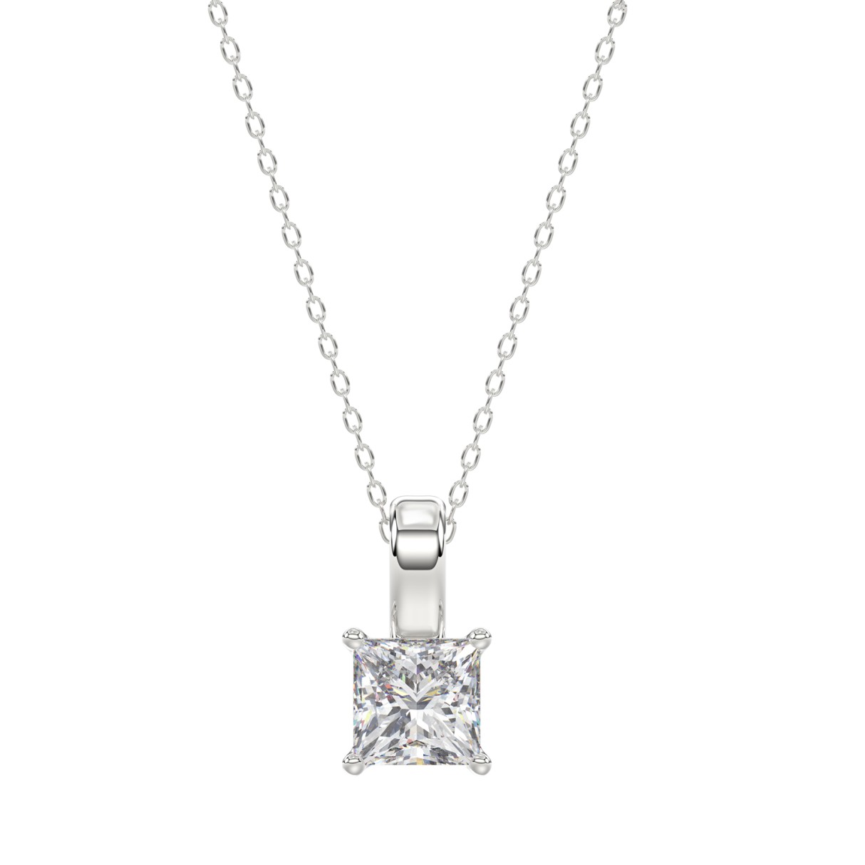 LADIES SOLITAIRE PENDANT WITH CHAIN 1CT PRINCESS DIAMOND 14K WHITE GOLD - Image 1
