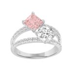 14K WHITE GOLD 2 1/2CT ROUND/PINK PRINCESS DIAMOND LADIES RING