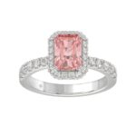14K White Gold 4.00Ct Round Diamond Halo Ring For Women 3.00Ct Pink Radiant Cut Center Stone  With Round Diamond Halo (Color F-G -Clarity Vs1/Vs2)