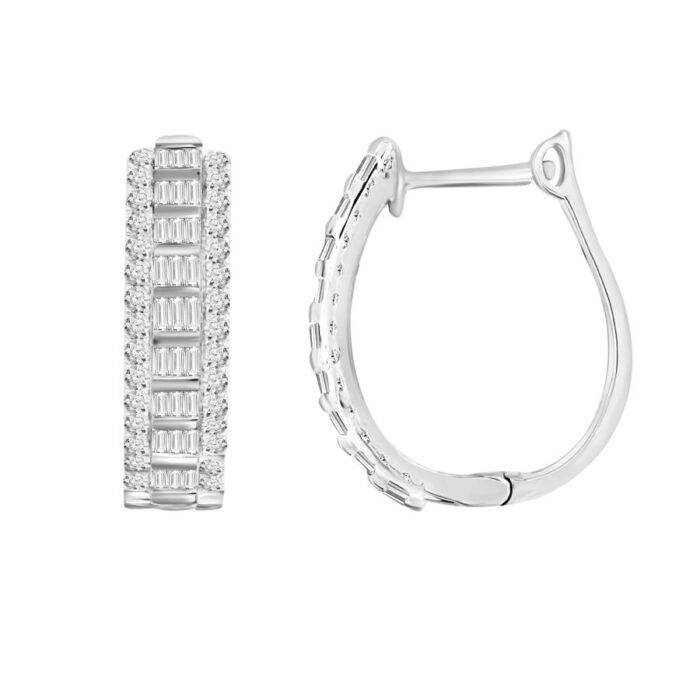 LADIES HOOP EARRINGS 1.00CT ROUND/BAGUETTE DIAMOND 10K WHITE GOLD - Image 1