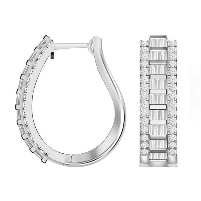 LADIES HOOP EARRINGS 1.50CT ROUND/BAGUETTE DIAMOND 10K WHITE GOLD - Image 1