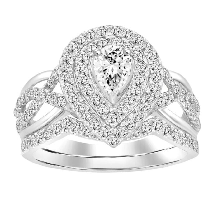 LADIES BRIDAL SET 1.00CT ROUND DIAMOND 14K WHITE GOLD (CENTER STONE 0.20CT PEAR DIAMOND) - Image 1